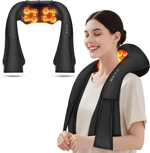 Masajeador Shiatsu inalámbrico de cuello y hombros, masajeador de espalda con calor, masaje de tejido más profundo 4D para hombros, cuello y