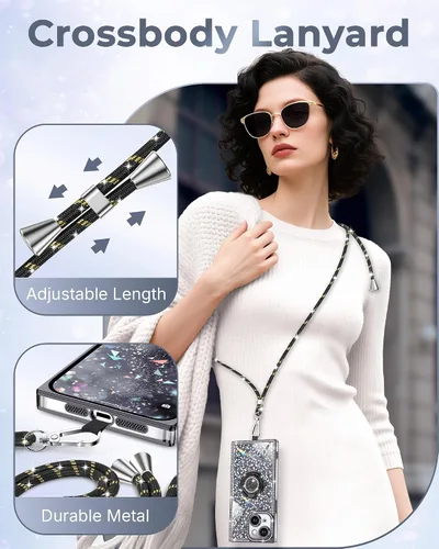 Miniatura 5 de XYZ Funda para iPhone 13, con purpurina brillante con soporte de corazón de 2 anillos y cordón, funda protectora a prueba de golpes con diamantes