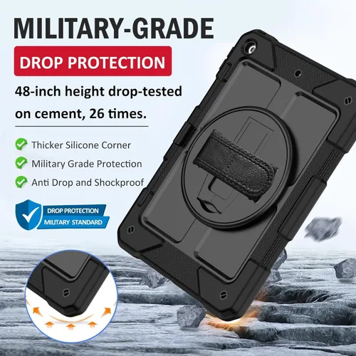 Miniatura 5 de BMOUO Funda para iPad de 9ª/8ª/7ª generación de 10.2", a prueba de golpes con soporte giratorio de 360°, correa de hombro y mano, funda para iPad
