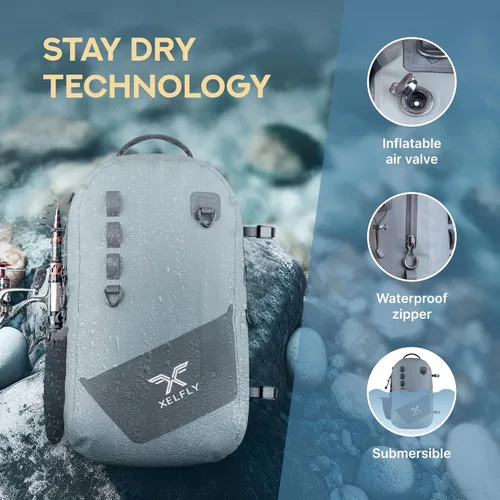 Miniatura 2 de Xelfly - Mochila de pesca impermeable con soporte para caña, válvula de aire inflable, correas acolchadas para la cintura y bucles para engranajes
