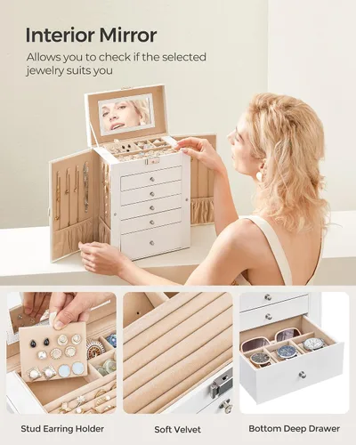 Miniatura 5 de SONGMICS Joyero de 6 niveles joyero con 5 cajones gran capacidad de almacenamiento con espejo bloqueable organizador de almacenamiento de joyas