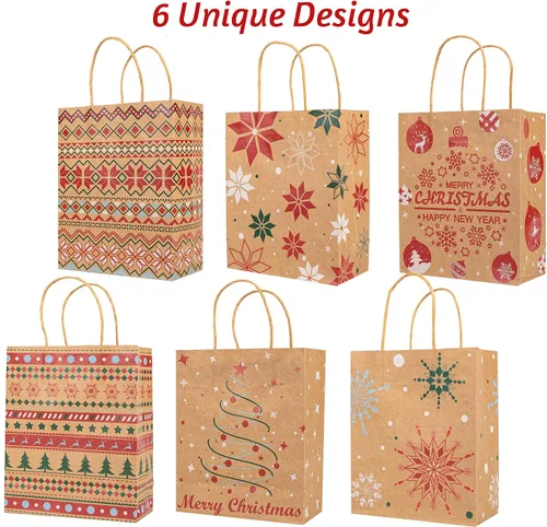 Miniatura 5 de 24 bolsas de regalo de papel kraft de Navidad con 24 papeles de seda, bolsas de dulces navideños de 7 x 8.6 x 3 pulgadas con asas, bolsas de dulces