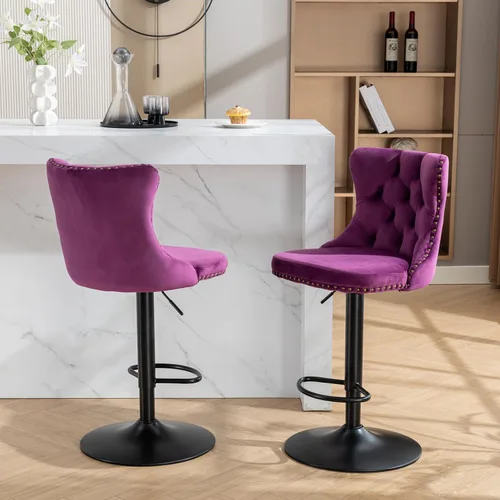 Miniatura 60 de Juego de 2 modernos taburetes de bar giratorios ajustables, sillas de bar copetudas de terciopelo beige con respaldo y ribete de cabeza de clavo
