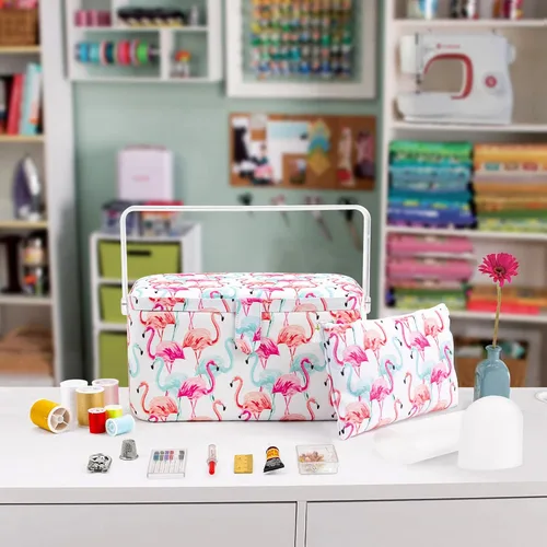 Miniatura 7 de SINGER Cesta de aparejos grande de alta calidad, estampado de flamenco pastel con kit de costura de viaje de emergencia y bolsa con cremallera a
