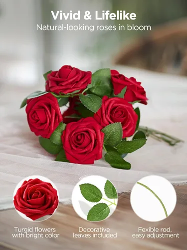 Miniatura 3 de InnoGear - Flores artificiales, 50 piezas de rosas falsas de espuma roja oscura a granel con tallos para decoración, celebraciones, ramos de boda