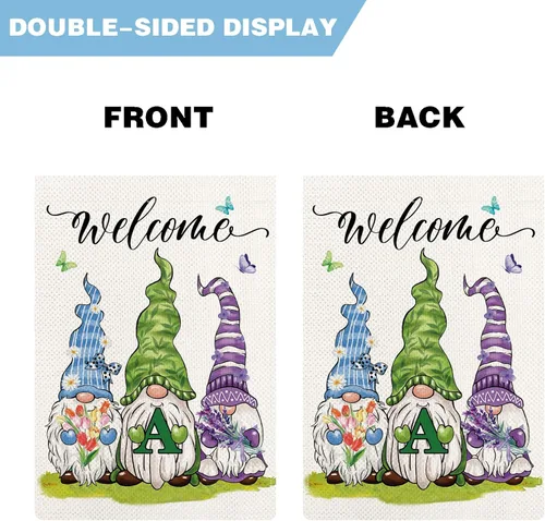 Miniatura 4 de Bandera de jardín con monograma de flores de gnomos de primavera, bandera de gnomo floral con letra inicial, bandera de bienvenida de primavera