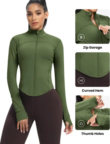 Miniatura 28 de AVGO Chaquetas de entrenamiento recortadas para mujer, con cremallera, ajustadas, atléticas, con agujeros para el pulgar