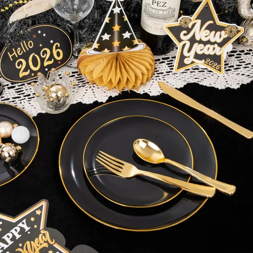 Miniatura 7 de WDF - 150 piezas de platos de plástico negros - Platos desechables negros y dorados - Juegos de vajilla desechables para 25 invitados