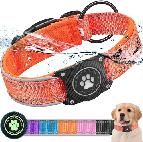 Miniatura 9 de Collar para perro Airtag con soporte impermeable para AirTag, luminoso reflectante, acolchado suave, collar de nailon ajustable para perros Negro