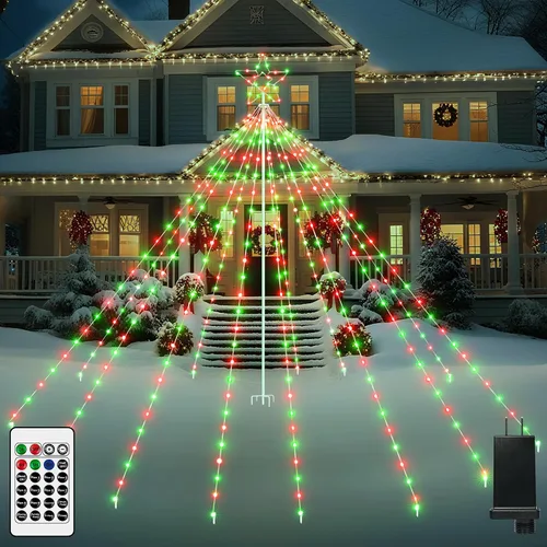 Miniatura 10 de Luces de árbol de Navidad para exteriores, 340 luces LED de decoración de Navidad con estrella superior, luz de Navidad impermeable IP67 con 16
