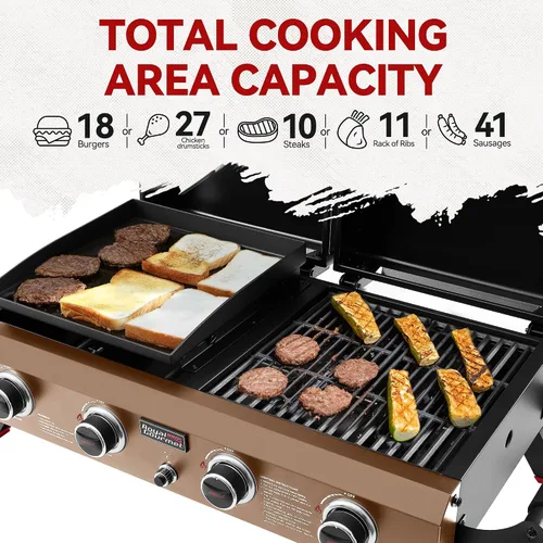Miniatura 6 de GD4001TB Combo de parrilla y plancha de propano, 4 quemadores, parrilla de gas portátil para patio trasero o cocina al aire libre, 40000 BTU
