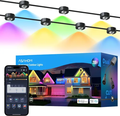 Miniatura 12 de ASAHOM AI - Luces permanentes para exteriores S107B, 100 pies con 72 luces LED RGBCW, 30,000 efectos de iluminación, controlador con doble salida