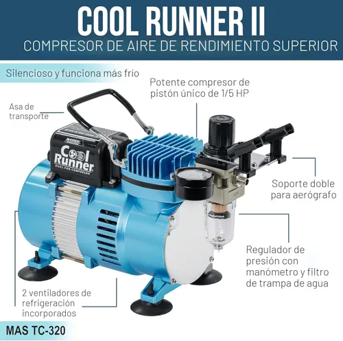 Miniatura 4 de Equipo profesional de 3 sistemas de aerógrafo con compresor y kit de pinturas de 6 colores primarios, de Master Airbrush Azul frío