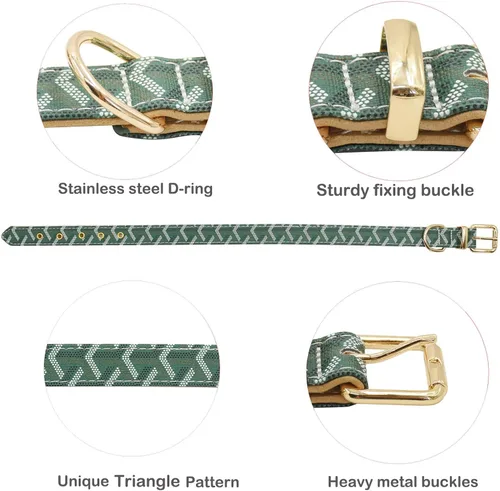 Miniatura 2 de Juego de collar y correa de cuero para perro, correas de collar de perro con patrón de cuadros, hebilla de metal ajustable y duradera para perros