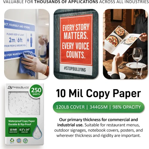 Miniatura 6 de TerraSlate Papel impermeable imprimible para impresora láser, 10 milésimas de pulgada de grosor de 8.5 x 14 pulgadas, 250 hojas, papel de impresora