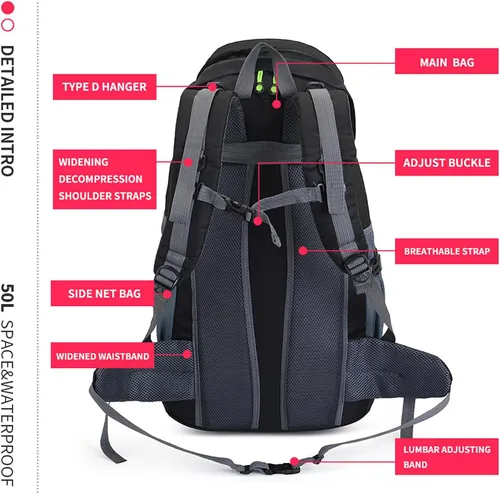 Miniatura 7 de Bseash Mochila de senderismo de 50L, resistente al agua, ligera, mochila de día para deportes al aire libre, bolsa de viaje para camping, escalada