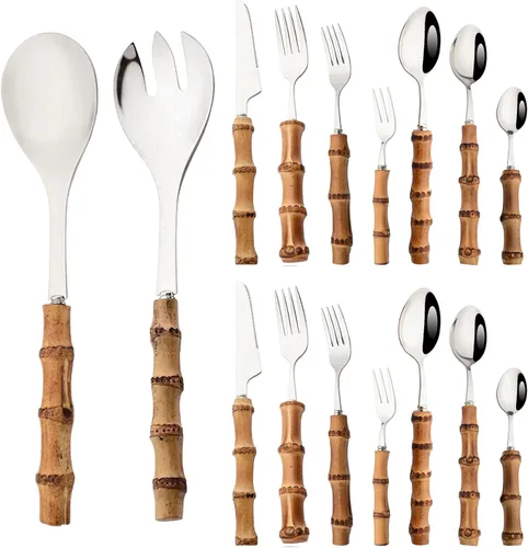 Miniatura 10 de JASHII Juego de cubiertos dorados de acero inoxidable 304, juego de cubiertos de 16 piezas con mango de bambú, servicio para 2, con 1 cuchara