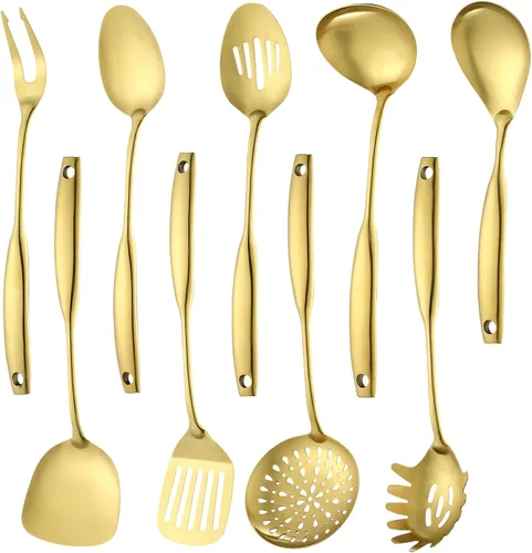 Miniatura 8 de Lazycorner Juego de utensilios de cocina de 9 piezas de acero inoxidable 304 con acabado espejo pulido, cucharas para cocinar, cuchara ranurada