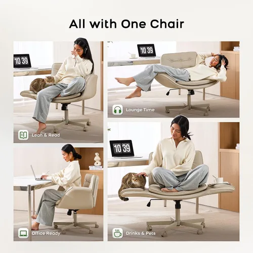 Miniatura 3 de amseatec Silla de oficina entrecruzada, silla de tocador de piel sintética con reposabrazos ajustables de 5 niveles y giratorio, silla ergonómica