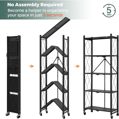 Miniatura 4 de DEANIC Estantería plegable de 5 estantes con ruedas, Estantería rodante de almacenamiento de servicio pesado, Unidad de estantería de alambre
