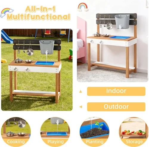 Miniatura 7 de Cocina de madera para niños, cocina de barro al aire libre con juego de agua y juguetes de cocina, juego en el patio trasero para niños de más de 3