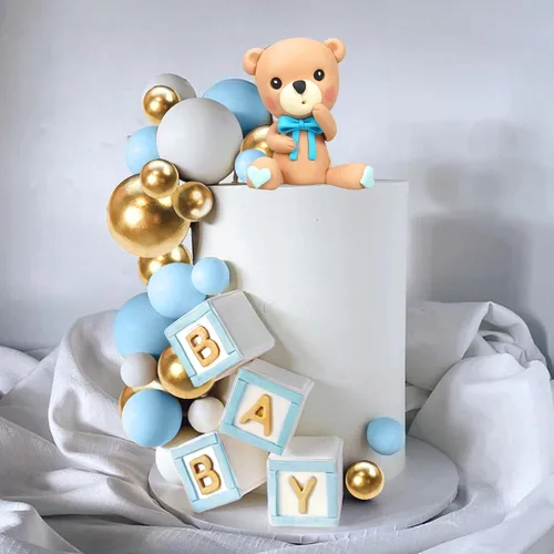 Miniatura 5 de Decoración para tartas de oso, decoración de pastel de oso con letras azules, esferas doradas y azules y blancas de perlas para suministros