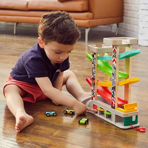 Miniatura 3 de TOP BRIGHT Juguete de rampa de coche para regalos de niños de 2 a 3 años, juguete de pista de carreras para niños de 18 meses con 4 autos de madera
