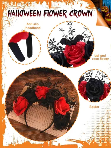 Miniatura 2 de Woeoe Diadema de Halloween FLower con diseño de araña, Día de los Muertos, diseño floral, para disfraz de murciélago y fiesta para mujeres y niñas