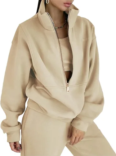 Miniatura 8 de PEHMEA Conjunto deportivo de 2 piezas de otoño para mujer, con forro polar, holgado, manga larga, media cremallera, cómodo conjunto de descanso