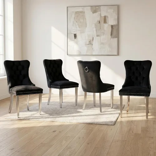 Miniatura 26 de OVENTA Juego de 4 sillas de comedor modernas tapizadas copetudas, terciopelo negro y gris y cuero con patas de madera maciza, sillas de cocina