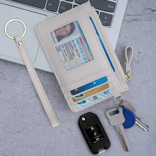 Miniatura 6 de Estuche Delgado para Tarjetas RFID para Mujer con Correa de Muñeca, Cartera con Cremallera para ID, Cartera de Cuero Pequeña, Monedero con Llavero