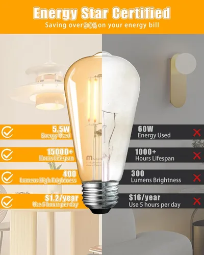 Miniatura 5 de MASTERY MART Bombilla LED vintage E26 regulable, luz blanca cálida de 2200 K, equivalente a 5.5 W 60 W, estilo Edison ST19 de vidrio, bombilla
