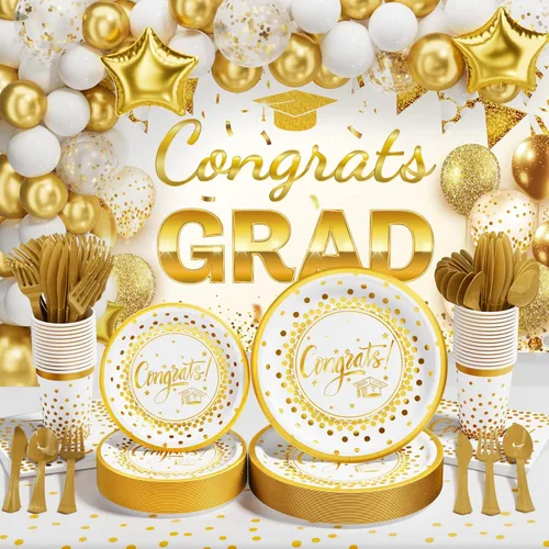 Decoraciones de graduación 2026 – 245 piezas de vajilla desechable de grado (servir 25) y suministros para fiesta de graduación con plato de papel