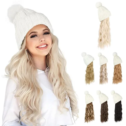 Miniatura 11 de Flufymooz Gorro con peluca, extensión de pelo con gorro de piel sintética con pompón largo ondulado rizado, peluca con gorro adjunto de 20 pulgadas