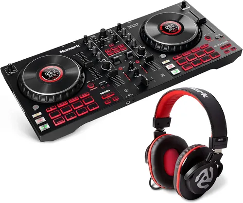 Paquete de Controlador de DJ - Set de DJ con 4 Decks, Mezclador de DJ, Interfaz de Audio, Pantallas de Rueda Jog, FX y Auriculares de DJ - Numark
