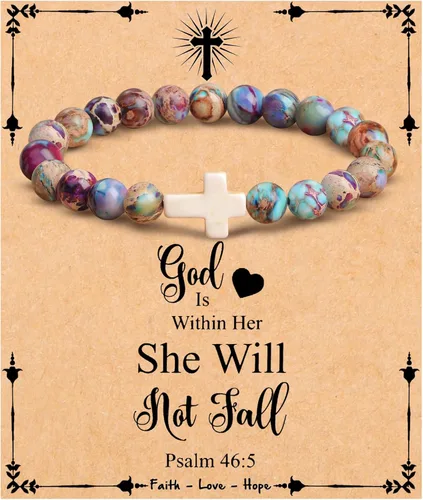 JoycuFF Christian Gifts,Cross Braceletfor WomenGirls, Faith Easter Catholic Religious Christian Jewelry, Meaningful Baptism Communion Natural Beads