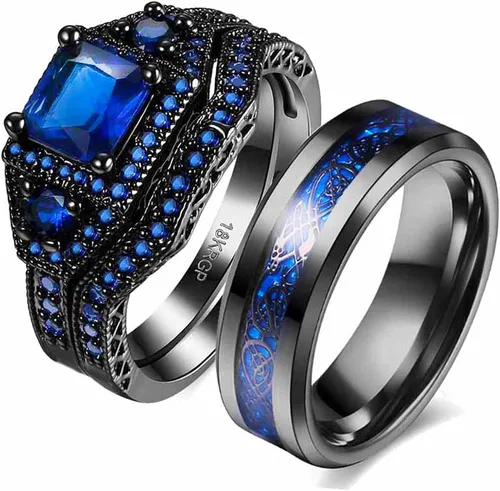 LOVERSRING Juego de anillos de novia para parejas, chapado en oro negro, circonita azul, acero inoxidable de 10 quilates, anillo de boda
