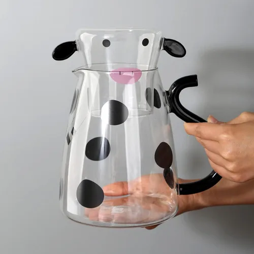 Miniatura 4 de Juego de jarra de cristal con dibujo de vaca para mesilla de noche con vaso, jarra y taza de noche