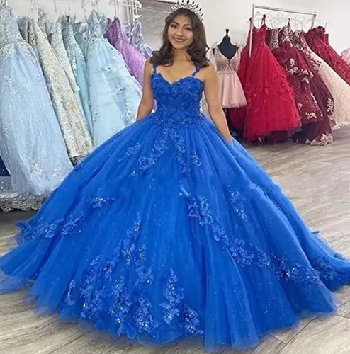 Miniatura 5 de Mauuwy Elegantes vestidos de quinceañera de tul con tirantes delgados, vestido de baile largo con apliques de encaje para mujer, Y86