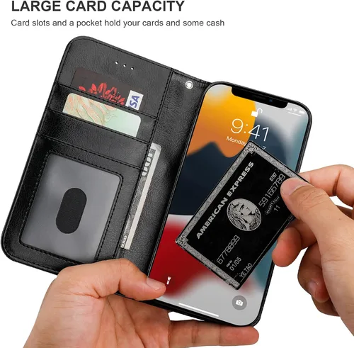 Miniatura 6 de Bocasal Funda tipo cartera desmontable para iPhone 13 Pro Max con bloqueo RFID, ranuras para tarjetas, soporte de cuero PU premium, soporte Negro