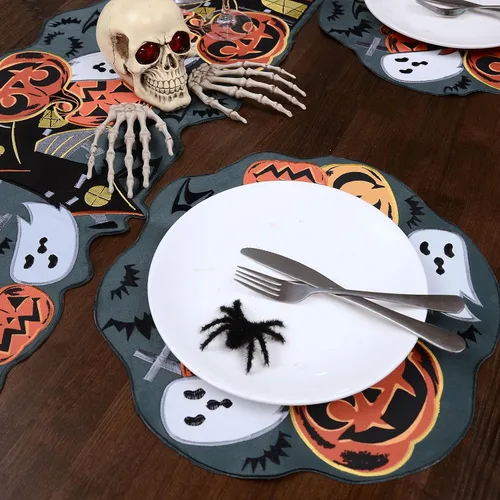 Miniatura 4 de Grelucgo Manteles individuales bordados de calabaza y casa embrujada espeluznante de Halloween, color azul turquesa (redondo, 16 pulgadas