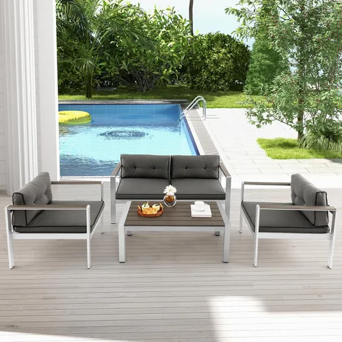 Miniatura 8 de Tangkula Mesa de centro de aluminio para exteriores, moderna mesa de cóctel rectangular con mesa de madera de plástico y marco de aluminio