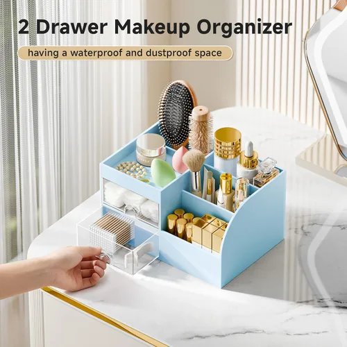 Miniatura 5 de Organizador de maquillaje con 2 cajones, organizadores de maquillaje para encimera de tocador y baño, organización de maquillaje y almacenamiento