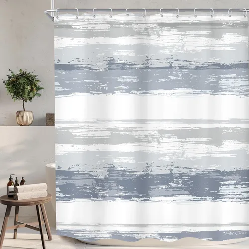 Miniatura 7 de KOMLLEX Cortina de ducha abstracta azul para decoración de baño, 72 pulgadas de ancho x 72 pulgadas de alto, moderna, a rayas blancas y grises