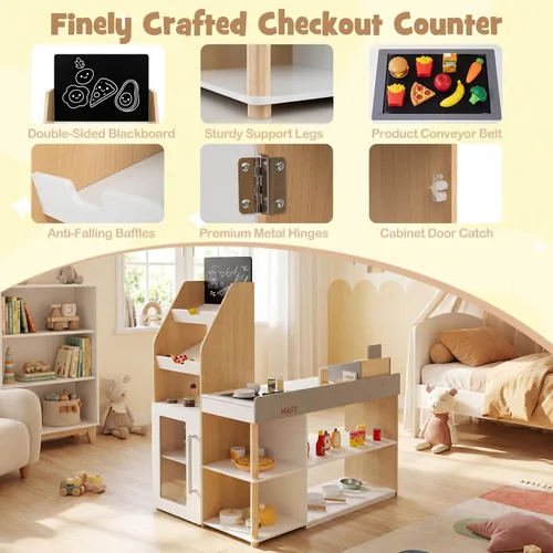 Miniatura 6 de HONEY JOY Juego de Tienda de Comestibles para Niños, Tienda de Comestibles de Madera de Juego de Simulación con Carrito, Soporte de Caja