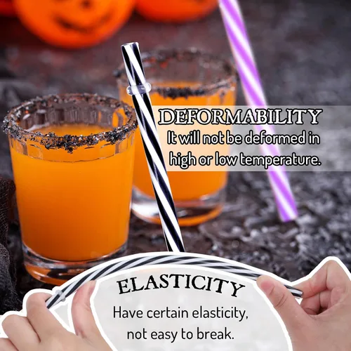 Miniatura 4 de Whaline 60 popotes de plástico reutilizables para Halloween con 2 cepillos de limpieza para pajillas, color naranja, morado, negro, rayas