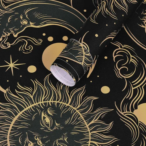 Miniatura 5 de WENMER Celestial - Papel tapiz adhesivo de 17.3 x 118 pulgadas, color marrón oscuro y amarillo, papel tapiz autoadhesivo con diseño de sol, luna