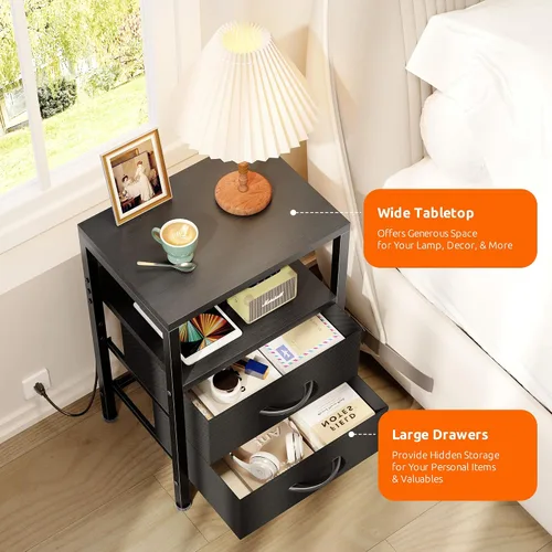 Miniatura 5 de Lazzanto Mesa de Noche Mesita de Carga para Dormitorio - Mesa de Noche con Estación de Carga, Mesita de Noche Moderna con Estante Abierto y 2