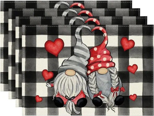 Miniatura 12 de Artoid Mode Juego de 4 manteles individuales con diseño de gnomos y corazones de San Valentín, 12 x 18 pulgadas, para boda, aniversario, primavera