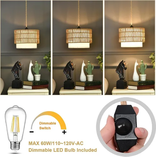 Miniatura 3 de Lámpara colgante bohemia de ratán con cable de enchufe, lámpara colgante de interior con interruptor de atenuación, pantalla de mimbre tejida